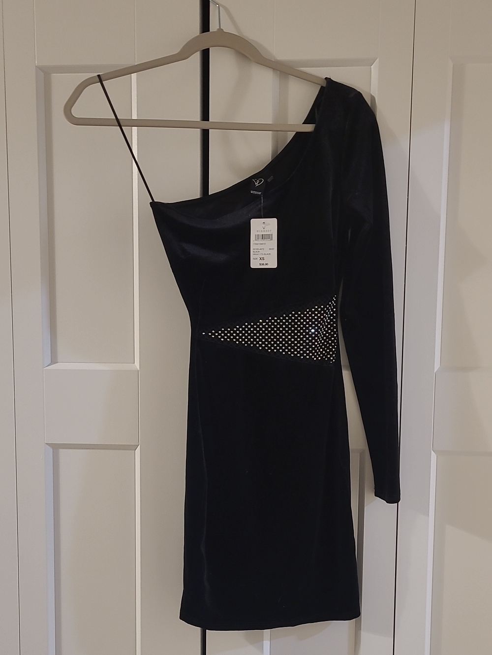 Windsor Black One-Shoulder Velvet Dress with Rhinestone Accent
